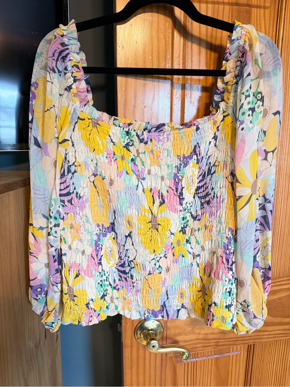 Shoshanna Yellow and Pastel Floral Smocked Off-Shoulder Blouse